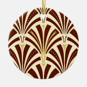 Art Deco fan pattern - chocolate on cream Ceramic Tree Decoration