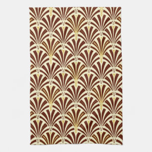 Art Deco fan pattern - chocolate on cream Tea Towel