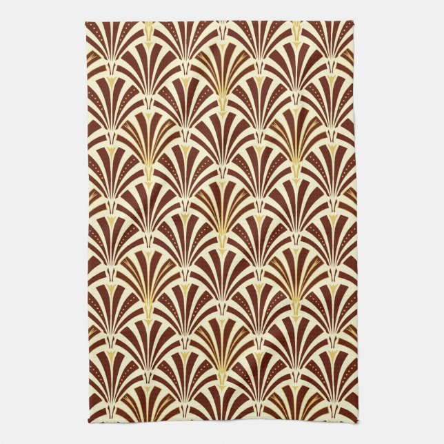 Art Deco fan pattern - chocolate on cream Tea Towel (Vertical)