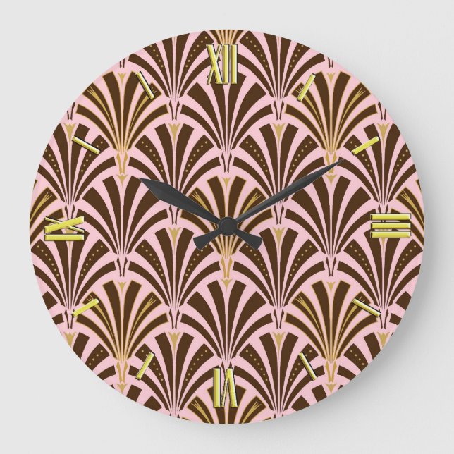 Art Deco fan pattern - chocolate on pink Large Clock (Front)