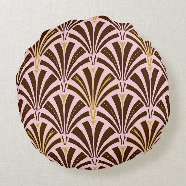 Art Deco fan pattern - chocolate on pink Round Cushion (Back)