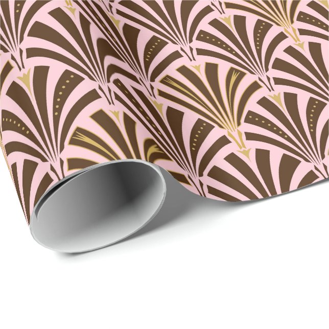 Art Deco fan pattern - chocolate on pink Wrapping Paper (Roll Corner)
