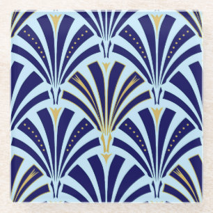 Art Deco fan pattern - cobalt and sky blue Glass Coaster