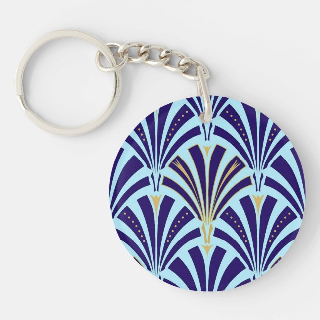 Art Deco fan pattern - cobalt and sky blue Key Ring (Front)