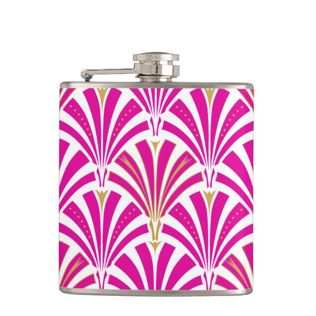 Art Deco fan pattern - fuchsia pink Hip Flask (Front)