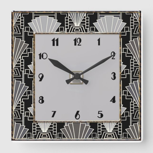 Art Deco Fan Pattern - Gray and Black Square Wall Clock (Front)