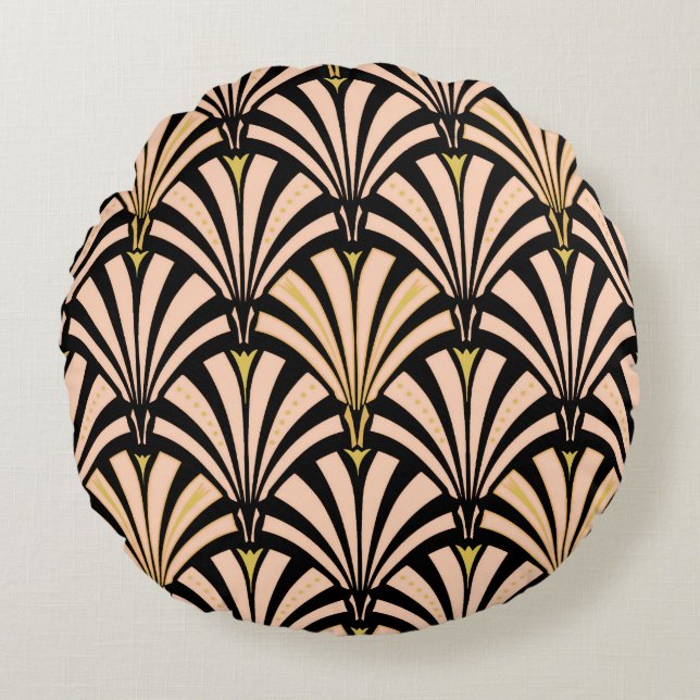 Art Deco fan pattern - peach on black Round Cushion (Front)