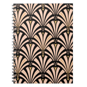 Art Deco fan pattern - peach on black Spiral Notebook