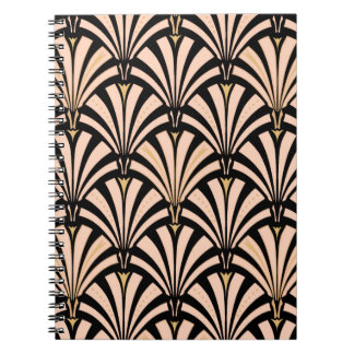 Art Deco fan pattern - peach on black Spiral Notebook