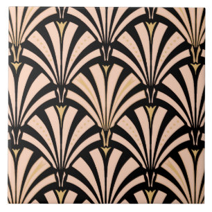 Art Deco fan pattern - peach on black Tile