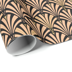 Art Deco fan pattern - peach on black Wrapping Paper