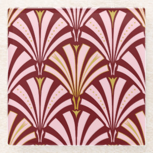 Art Deco fan pattern - pink and burgundy Glass Coaster