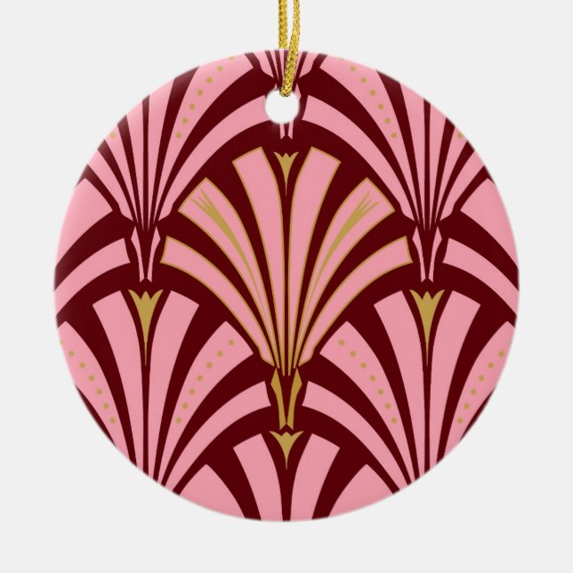 Art Deco fan pattern - pink and maroon Ceramic Tree Decoration (Front)