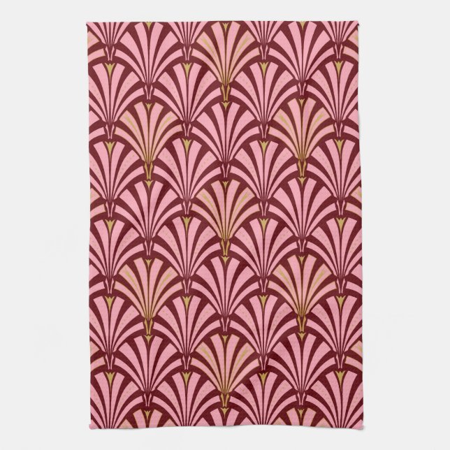 Art Deco fan pattern - pink and maroon Tea Towel (Vertical)