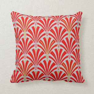 Art Deco fan pattern - red on pearl grey Cushion