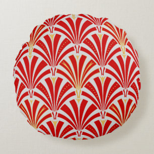 Art Deco fan pattern - red on pearl grey Round Cushion