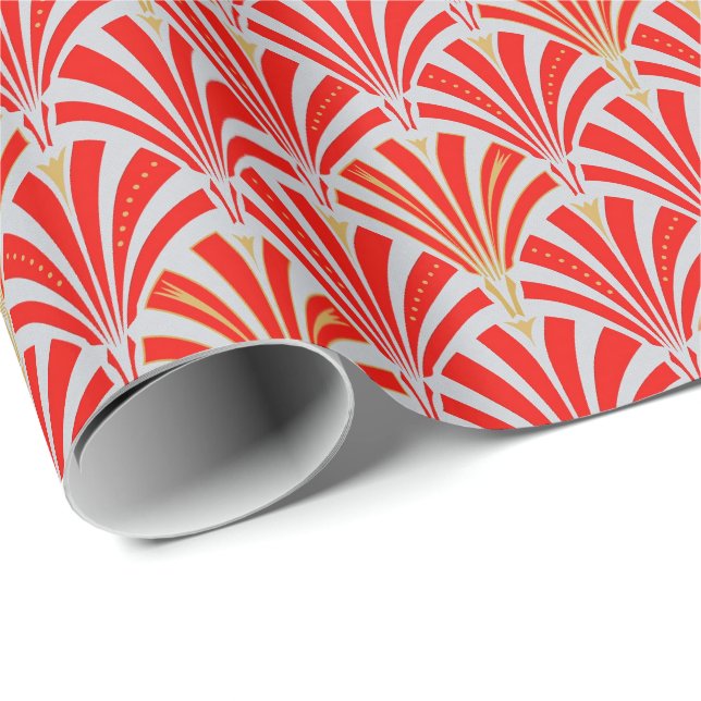 Art Deco fan pattern - red on pearl grey Wrapping Paper (Roll Corner)