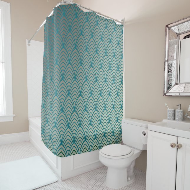Art deco, fan pattern, teal, white, fan pattern, c shower curtain (In Situ)