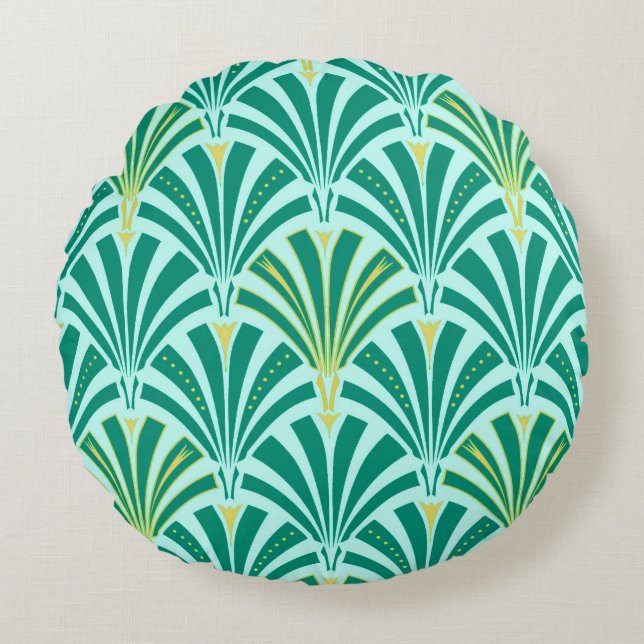 Art Deco fan pattern - turquoise on aqua Round Cushion (Front)