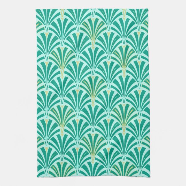 Art Deco fan pattern - turquoise on aqua Tea Towel (Vertical)