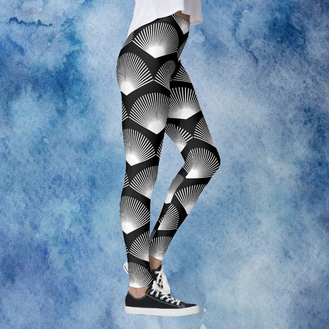 Art Deco Fan Pattern White and Black Leggings (A pair of leggings with an art deco white fan pattern on a black background.)