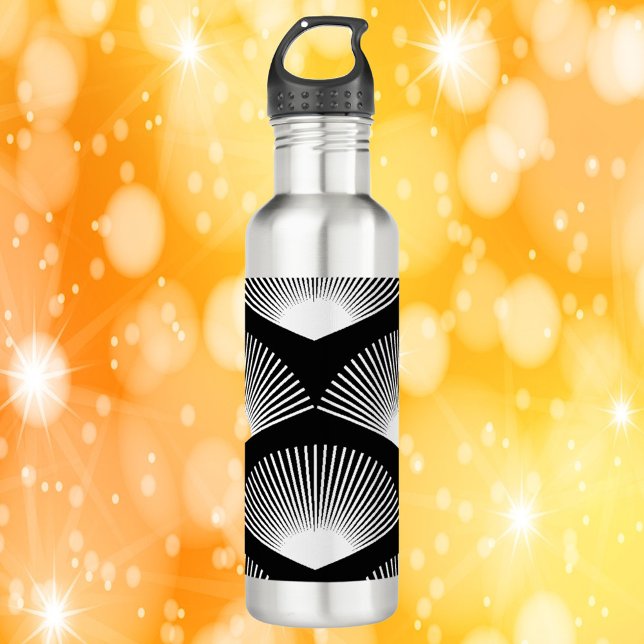 Art Deco Fan Pattern White Black Background 710 Ml Water Bottle (A water bottle with a black and white art deco fan pattern.)