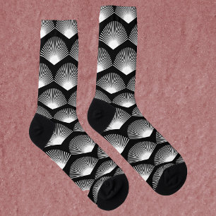 Art Deco Fan White Pattern Black Socks