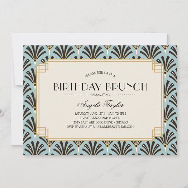 Art Deco Fans Birthday Brunch Blue Invitation (Front)