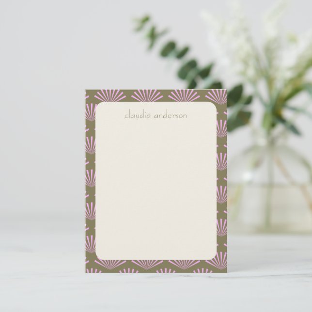 Art Deco Fans in Olive and Lilac Personalised Name Card (Standing Front)