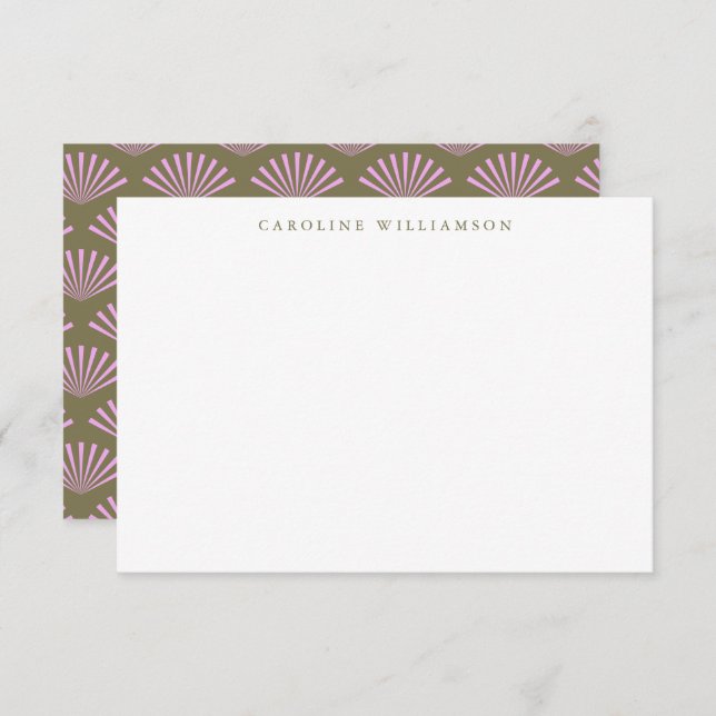 Art Deco Fans Olive Lilac Custom Name Note Card (Front/Back)