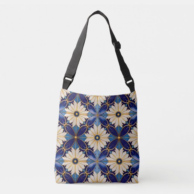 Art Deco Fashion Accessories Gold Blue White Petal Crossbody Bag (Front)