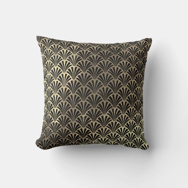 Art Deco Faux Sepia Black Gold Seashells Scale Cushion (Front)