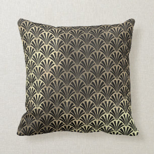 Art Deco Faux Sepia Black Gold Seashells Scale Cushion