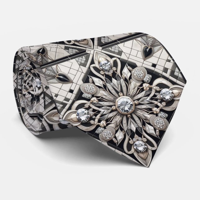 Art Deco Faux Silk | Luxury B+W DIamonds  Tie (Rolled)