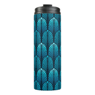 Art Deco Feather Pattern, Cerulean Blue Thermal Tumbler