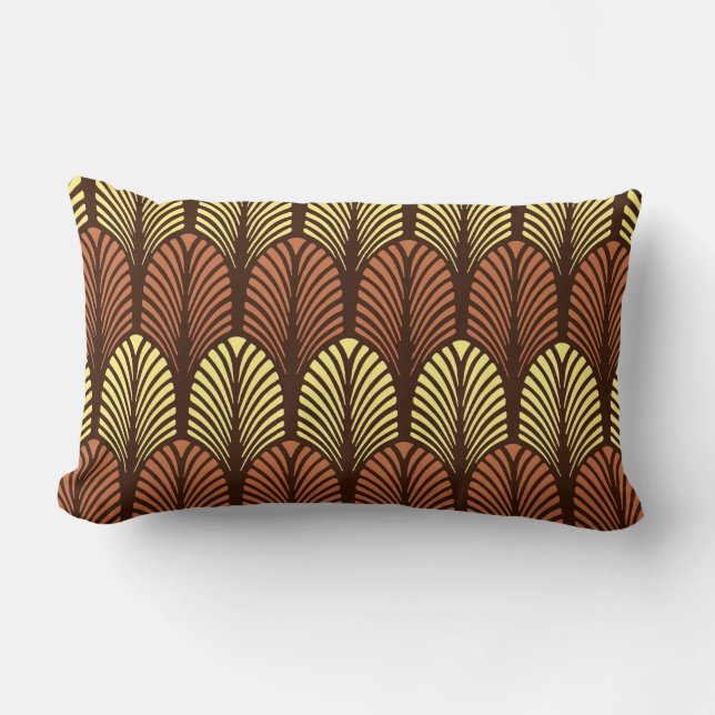 Art Deco Feather Pattern, Dark Brown and Rust Lumbar Cushion (Front)