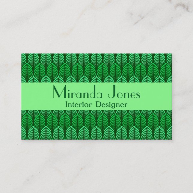 Art Deco Feather Pattern, Emerald Green  Business  Business Card (Front)