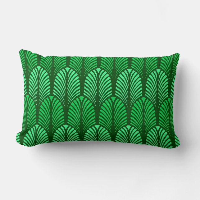 Art Deco Feather Pattern, Emerald Green Lumbar Cushion (Front)