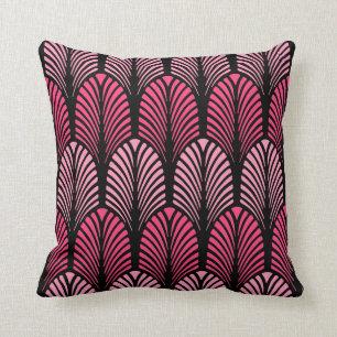 Art Deco Feather Pattern, Fuchsia Pink and Black Cushion