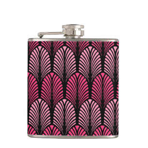Art Deco Feather Pattern, Fuchsia Pink and Black Hip Flask