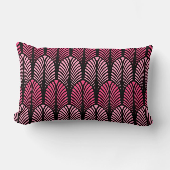 Art Deco Feather Pattern, Fuchsia Pink and Black Lumbar Cushion (Front)