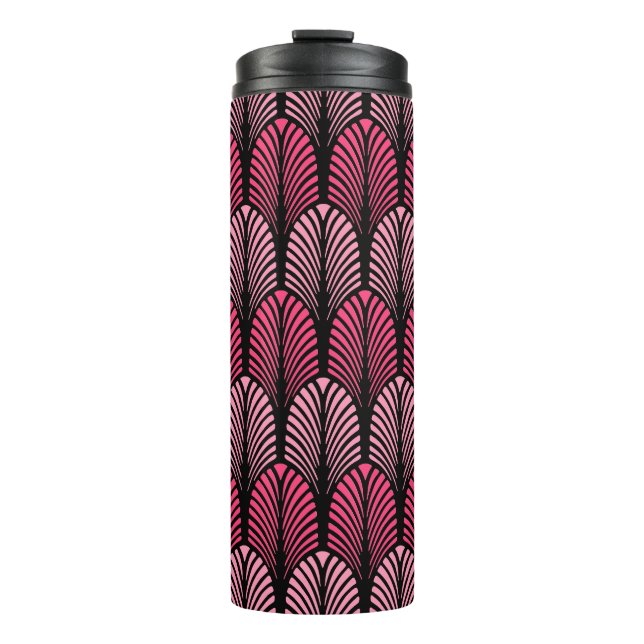 Art Deco Feather Pattern, Fuchsia Pink and Black  Thermal Tumbler (Front)