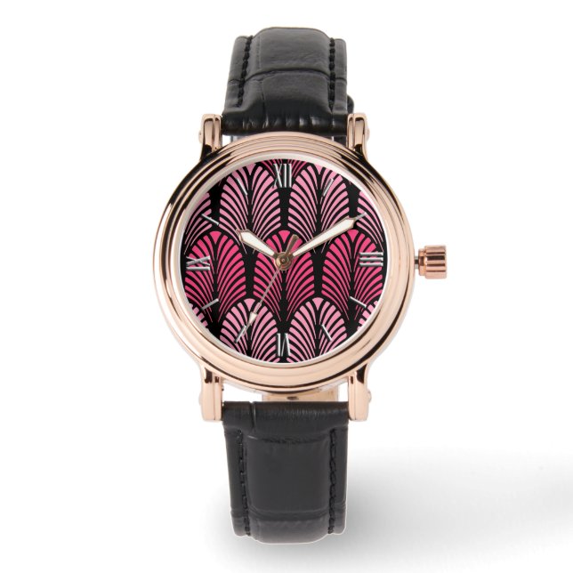 Art Deco Feather Pattern, Fuchsia Pink and Black Watch (Front)