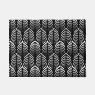Art Deco Feather Pattern, Silver Gray and Black Doormat