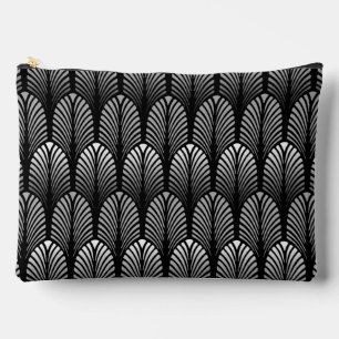 Art Deco Feather Pattern, Silver Grey and Black  Accessory Pouch
