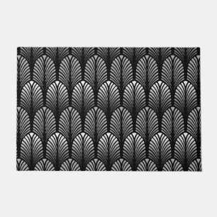 Art Deco Feather Pattern, Silver Grey and Black Doormat