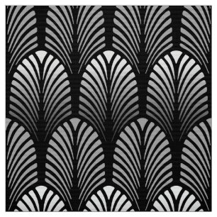 Art Deco Feather Pattern, Silver Grey and Black Fabric