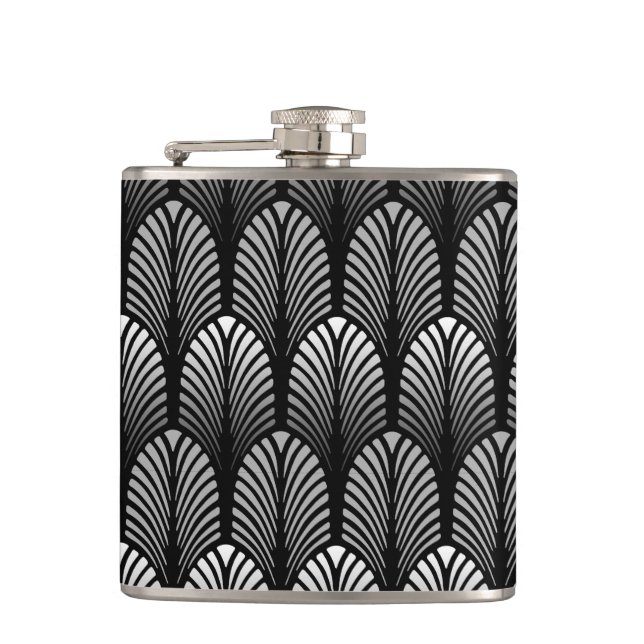 Art Deco Feather Pattern, Silver Grey and Black Hip Flask (Front)