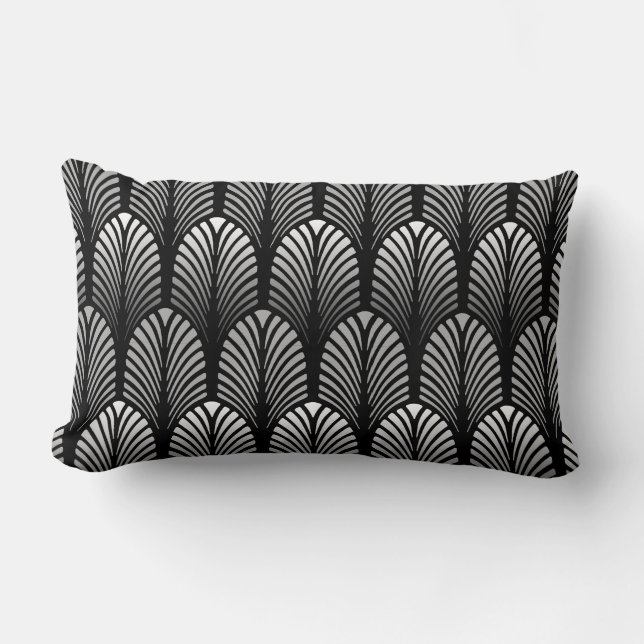 Art Deco Feather Pattern, Silver Grey and Black Lumbar Cushion (Front)