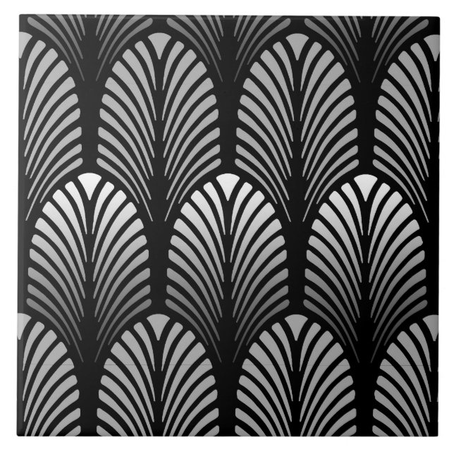 Art Deco Feather Pattern, Silver Grey and Black Tile (Front)